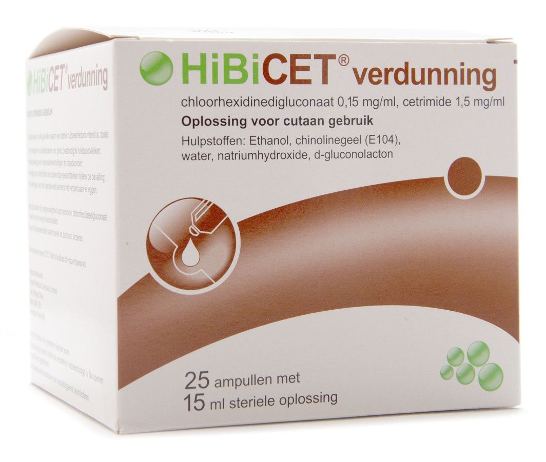 HiBiCET verdunning 25 x 15 ml, steriel en gebruiksklaar ontsmettingsmiddel